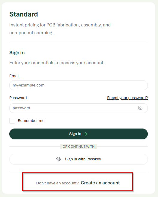 Portal sign-in panel with the Create an account link highlighted at the bottom