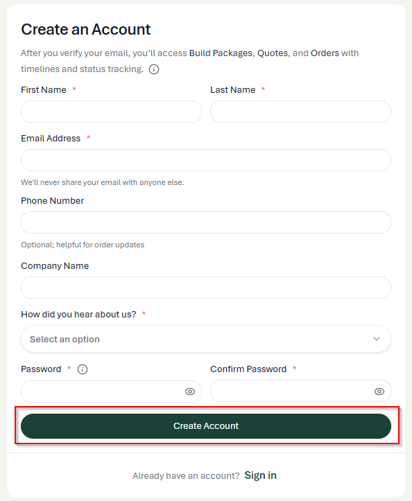 Create an Account form with the Create Account button highlighted
