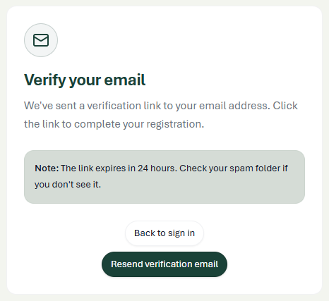 Verify your email message with Back to sign in and Resend verification email buttons