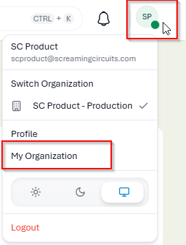 Account menu opened from the avatar in the upper right corner, with My Organization highlighted