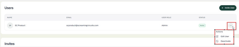 Users list with the More Options menu open showing Edit User and Deactivate actions